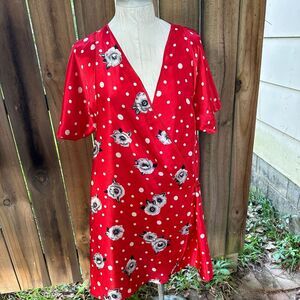 Vintage  80s BETH MICHAELS Wrap Short ROBE Floral Polka Dot Poly Satin  M
